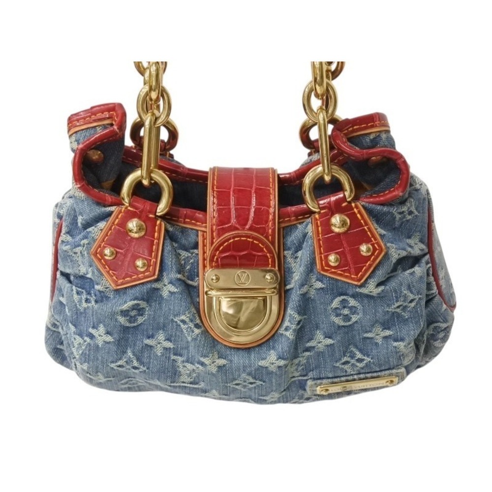 Louis Vuitton Red Alligator Denim Leather Indigo Monogram Handbag Blue Pleaty